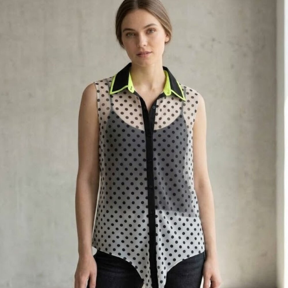 Per Seption Concept Polka Dot Sheer Blouse - Black and White Size L/XL